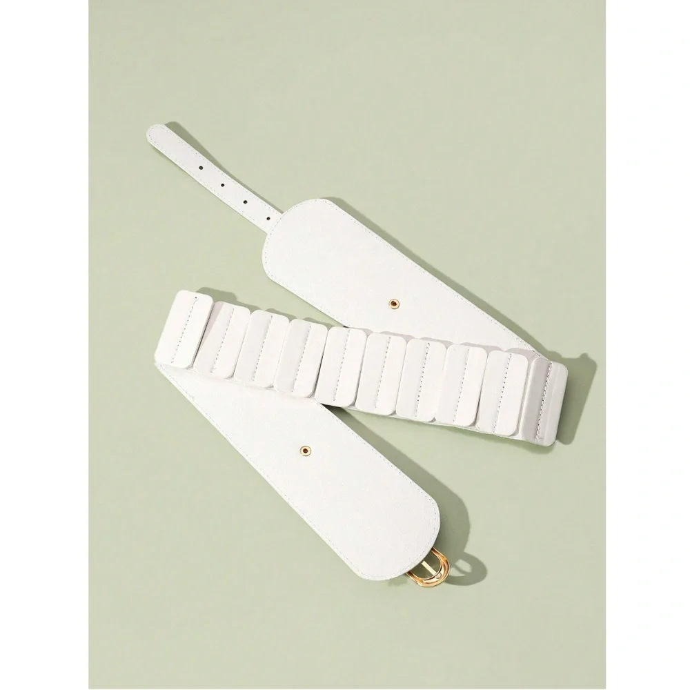 PU Wide White Belt Gold Tone Buckle - Picture 4 of 5